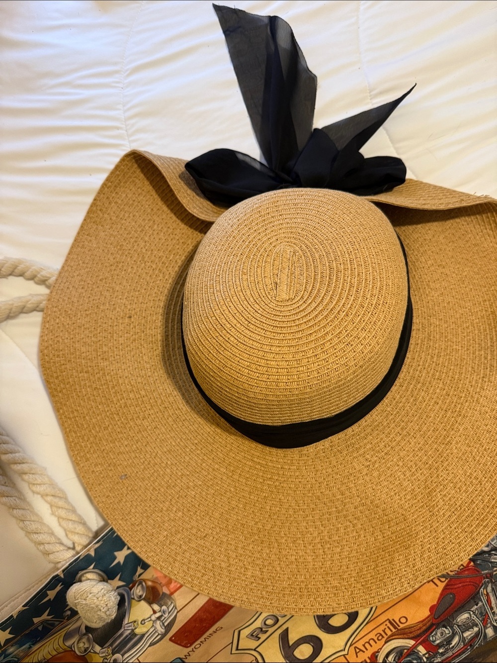 west loop Tan Wide-Brim Straw Sun Hat with Black Bow CLASSIC, lovely